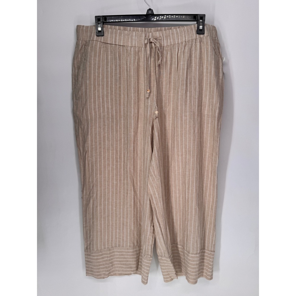 Cato Linen Pants Women 18/20W Tan Pinstripe Hi-Rise Wide Leg Crop Drawstring